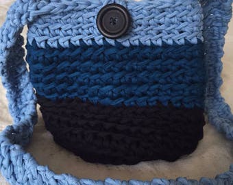 Crochet Crossbody Bag Women's Knitted Fabric Bag Tote Bag Long Handle Recycled Jersey Blue Bag Unique Gift For Her