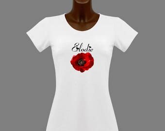 White poppy women t-shirt personalized with name