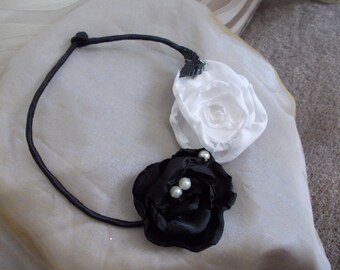 black and White Flower necklace baroque shabby chic satin