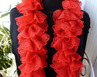 Red lace a beautiful full ruffle scarf handmade needles