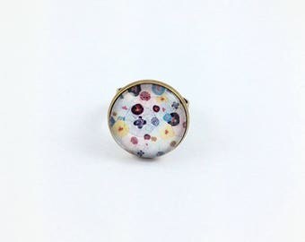 Small bronze ring * Cabochon * poppies * pink blue yellow
