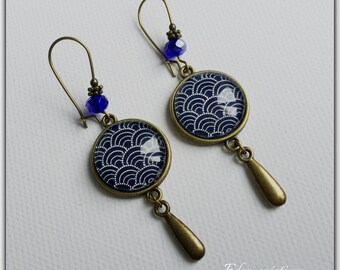 Earrings, Navy Blue, bronze, geometric patterns