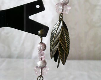 Pink butterflies with bronze 6cm leaves earrings