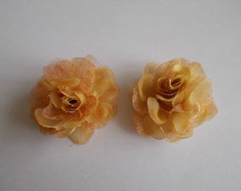 1 set of 2 light brown colour 40 organza fabric flower beads x 20 mm