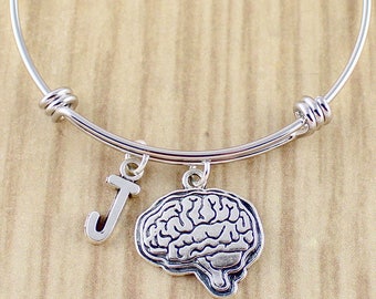 Initial & Human Brain Bangle Bracelet | Human Brain Charm Bracelet | Brain Jewelry Neurologist Bracelet Gift Ideas | Coram Creations 631