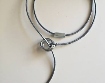 Women gray leather necklace metallic Steal Leather collection"free shipping