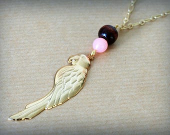 Pink Parrot gold long necklace