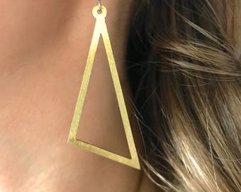 Geometric brass earring, long earrings, sterling silver wire, gift for her,