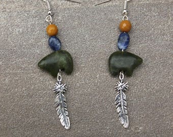 GREEN ZUNI: Stud Earrings with jade and silver feather zuni bear