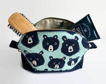 Hairy Bear Mint Green and Navy Shaving Travel Bag, Metal Brass Zipper, Box Bag, Sturdy Canvas, Zipper Tabs, Gift for Him, Toiletries, Makeup
