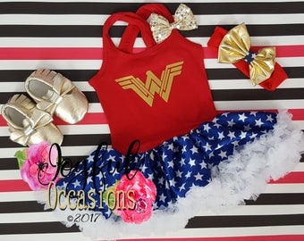 Wonder Woman Tutu Dress Costume - Cute 2pc Gold Halloween Superhero Toddler Girls Tutu Dresses With Matching Headband Birthday Outfit