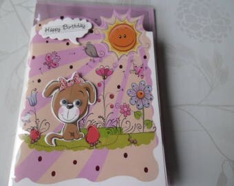 1 x double dog/flower multicolored pattern 3D card + envelope pink 18 x 12 cm