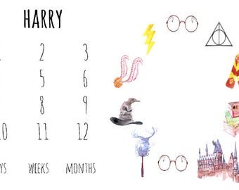 Personalized Baby Milestone Blanket Fabric in Harry Potter Symbols. Calendar First Year Newborn Photo Prop Monthly Newborn Baby Photography