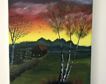 Original Fall cabin oil painting