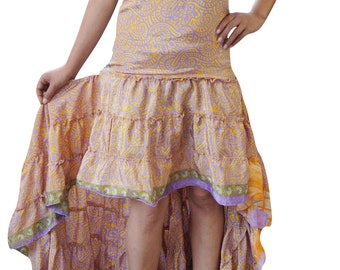 Bohemian Whimsy Hi Low Dress Recycled Silk Printed Strapless Flawlessness Free Falling Twirling Ruffle Dresses M/L