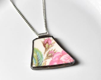 Broken China Jewelry Pendant - Pink Rose