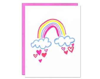 Rainbow Card / Blank Inside / Letterpress Printed in Happy and Colorful Neon Inks with Rainbow, Clouds, and Hearts