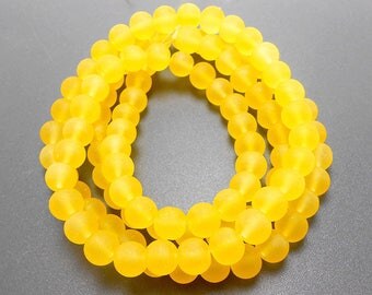 50 Yellow Matte Sea Glass Beads 8mm frosted beach glass round (H5004)
