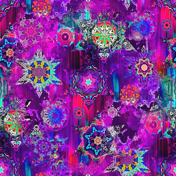 Textile Artist Handmade Decor Kona Cotton Fabric Quilting Kaleidoscope Purple Sky Stars