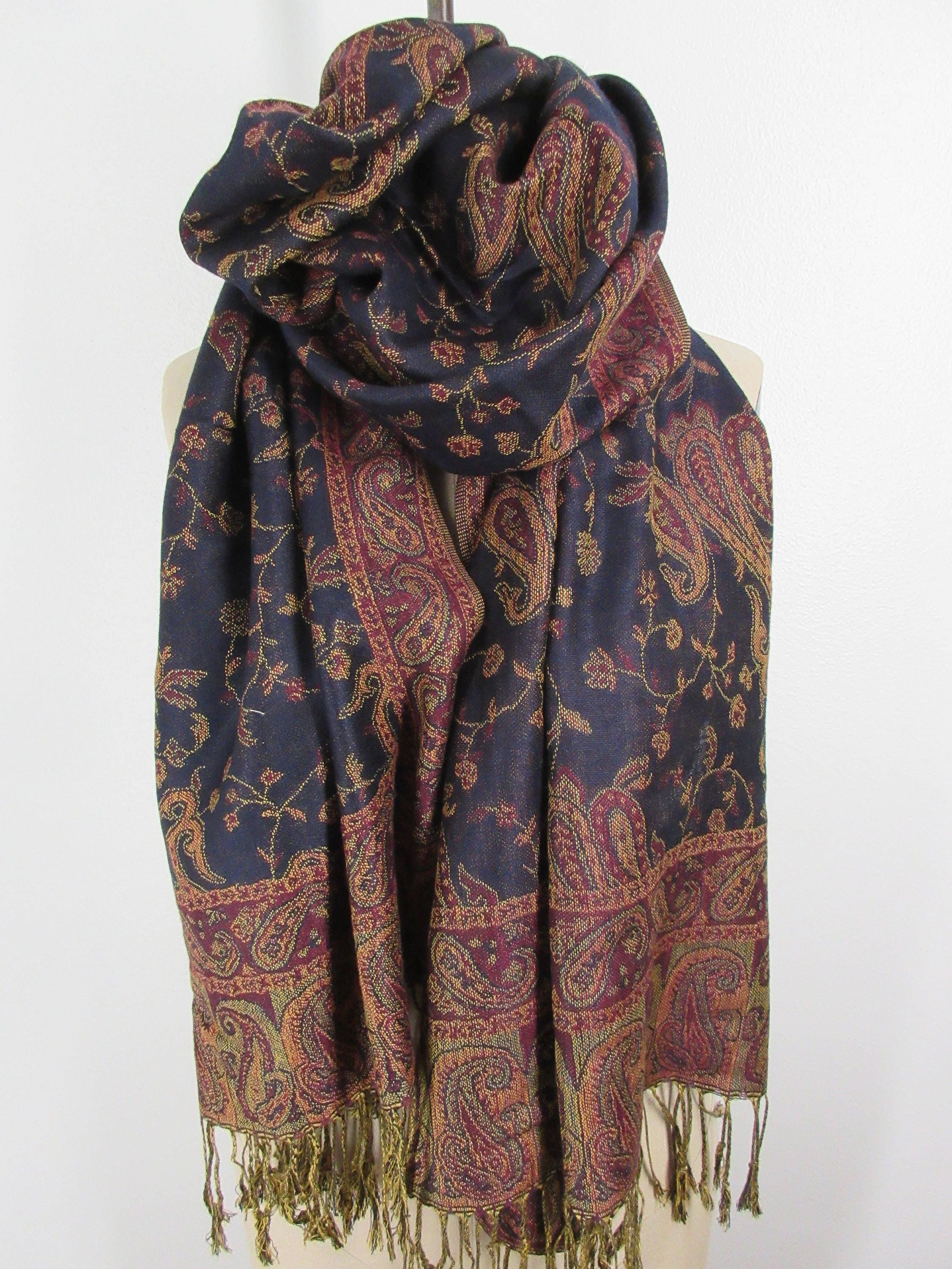 Navy Blue Pashmina Scarf Floral Paisley Neck Wrap Elegant