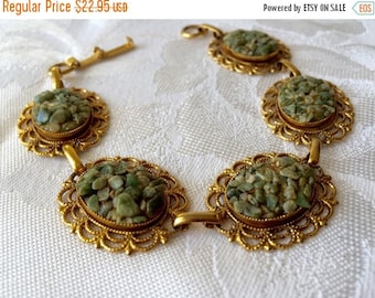 ON SALE CRUSHED Jade Bracelet Exquisite Designer Vintage Gold Tone Chunky Panel Bracelet Crushed Jade Accents Very Retro Chic by "century"