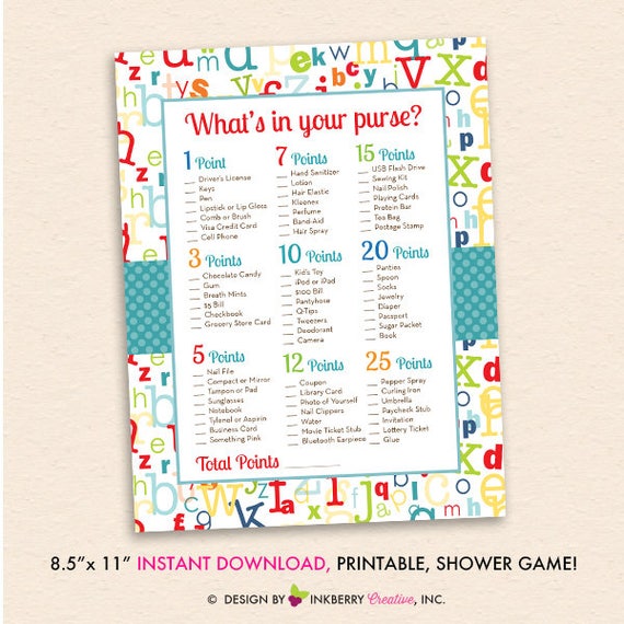 Alphabet Baby Shower What\u002639;s In Your Purse? Game  Alphabet Theme, ABC Baby Shower Printable PDF 