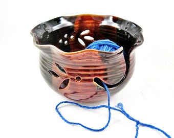 Pottery Yarn bowl, Ceramic knitting bowl, Brown red and black, gift to MOM - In stock