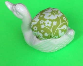 Pin Cushion White Swan on Green Modern Floral Fabric