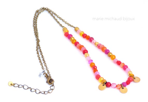 Short boho necklace, Colorful boho necklace, Short colorful necklace, Pink and green necklace, Hippie chic necklace, Boho jewelry, Colorful