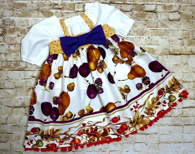 Thanksgiving Outfit - Toddler Clothes - Girls Thanksgiving Dress - Pom Pom Skirt - Big Bow - Peasant Blouse - Sizes 6 months to 8 years