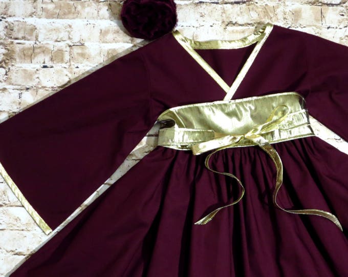 Burgundy and Gold Dress - Valentines Day Dress - Preteen Teen Dress - Little Girl Dress - Flower Girl Dress - Kimono Dress - 12 mos - 14 yrs