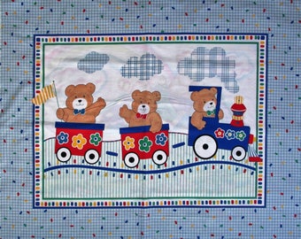 100% Cotton Fabric Panel roughly 36" x 45" Baby Crib Quilt Blanket Wall Hanging Red White Blue Boys Girls Train Teddy Bears