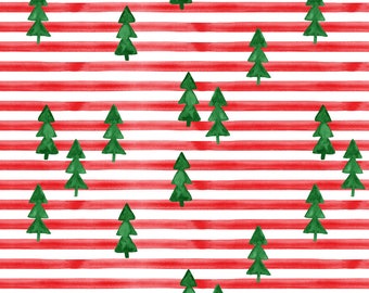Watercolor Trees on Stripes Fabric - Watercolor Trees On Stripes Green Red By Littlearrowdesign - Cotton Fabric By The Yard With Spoonflower