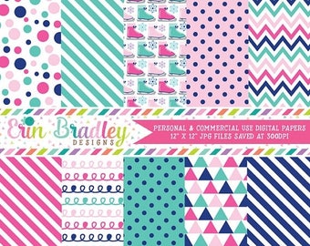 80% OFF SALE Ice Skating Digital Papers, Winter Digital Paper Pack, Pink & Blue Patterns with Chevron Stripes Polka Dots Triangles Doodles