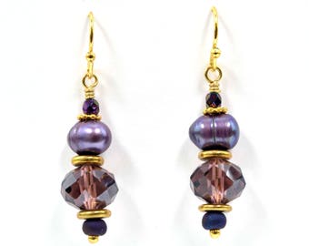 Purple and Gold Freshwater Pearl and Faceted Crystal Earrings
