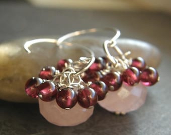 Summer Sale 20% Off Pink Rose Quartz and Red Garnet Earrings, Dainty Pink Earrings - Cranberries