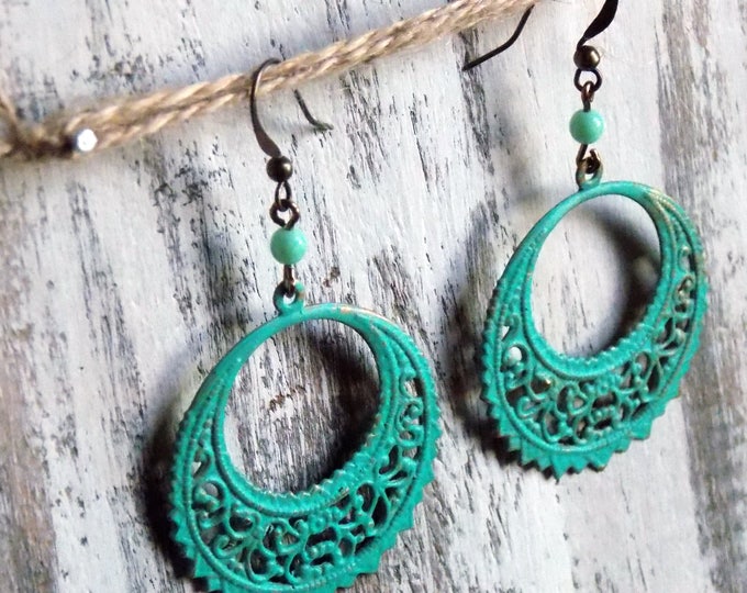 Boho Filigree Brass Earrings Turquoise Earrings Patina Earthy Rustic Woodland Filigree Gypsy Boho Brass Bohemian Earrings Jewelry