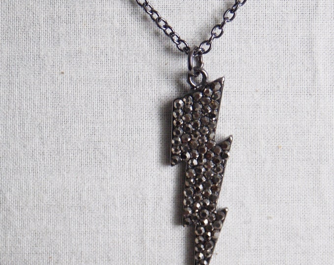 Lightening Bolt Necklace Gunmetal TCB Necklace Superstar Goth Jewelry Boho Elvis Black Rhinestone Simple Necklace