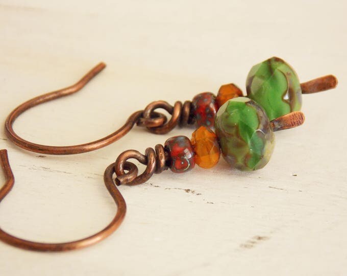 Mixed Rustic Czech Beaded Earrings,Picasso, Stone, Red, Orange, Green Czech Earrings, Oxidized Copper Small Light Woodland Earrings