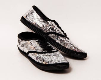 Ready 2 Ship - Size 11 WMNS Silver Over Black Sequin Canvas Sneakers Shoes