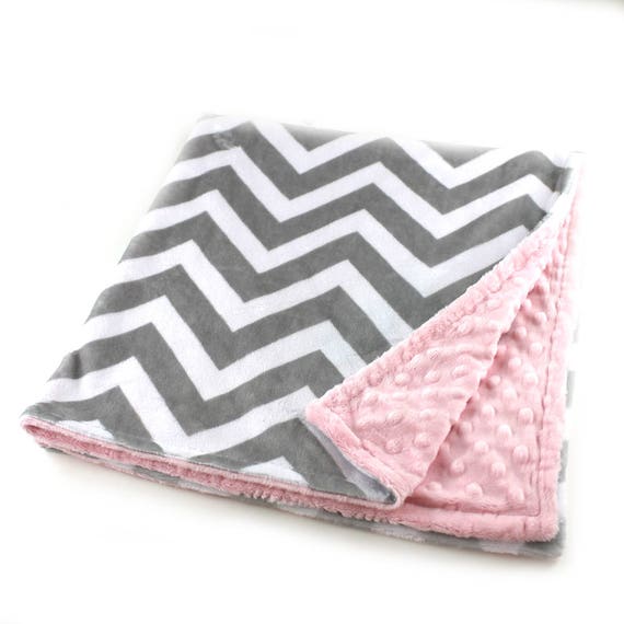 Minky Adult Blanket, Personalized Blanket - Silver Gray Pink Throw - Twin Size // Chevron Blanket // Soft Blanket // Geometric Blanket