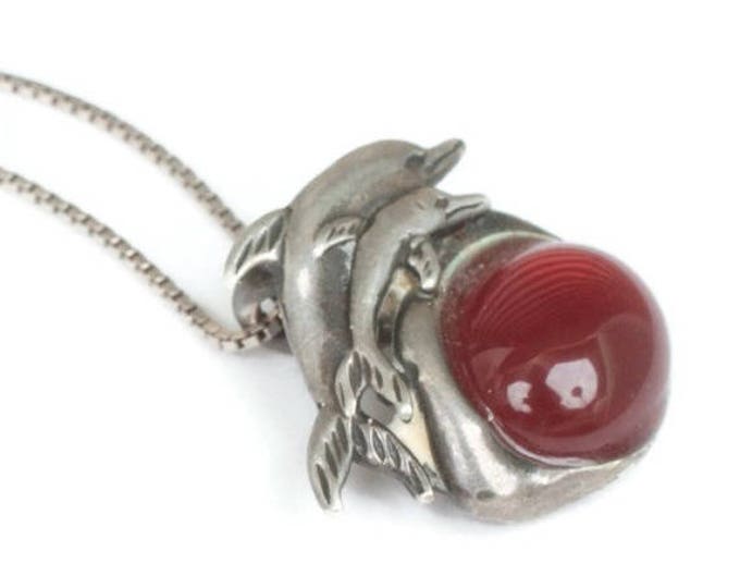 CIJ Sale Sterling Dolphin Pendant Simulated Carnelian Cabochon Sterling Chain