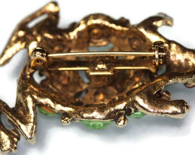 Green Rhinestone Frog Brooch Gold Tone Dimensional Figural Vintage