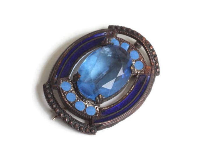 Victorian Blue Glass and Enameled Pin Brooch Oval Shape Antique