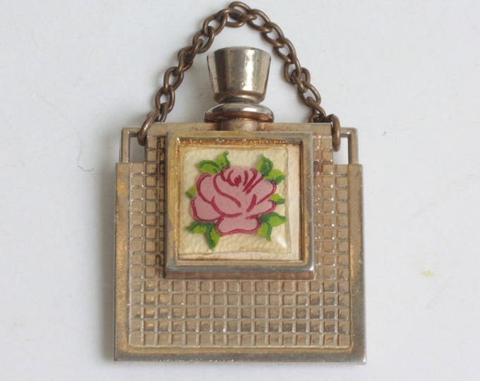 Miniature Perfume Flask Pink Rose Decoration Gold Tone Metal Vintage