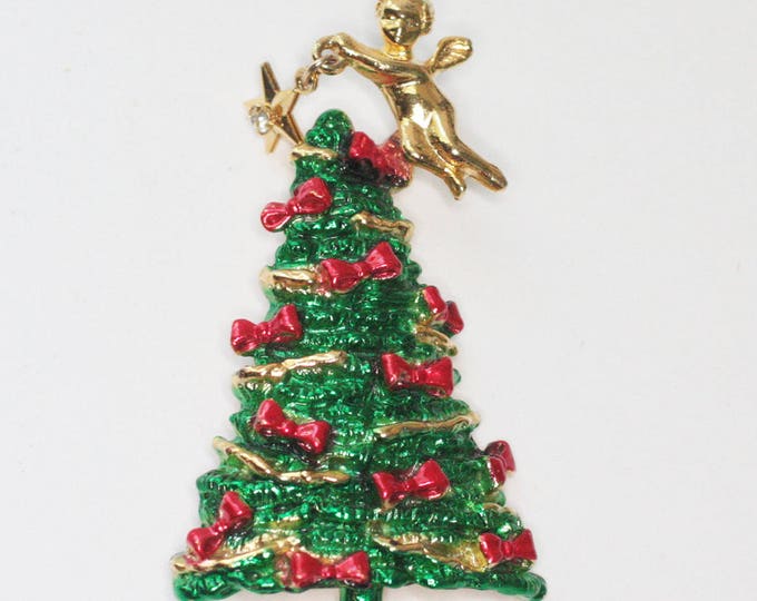 Enameled Christmas Tree Pin Angel with Star Dangle Vintage Holiday Jewelry Signed AJC