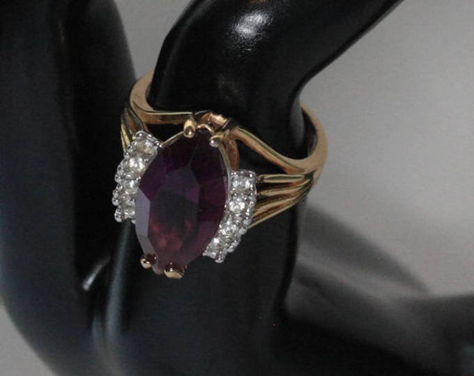 Amethyst Glass and Clear Stones Ring Marquise Stone 18KGE Statement Ring Size 8 Vintage