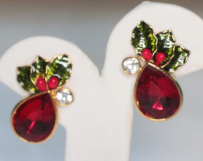 Avon Red Rhinestone Holly Earrings Enameled Leaves and Berries Clip On Style Christmas Holiday