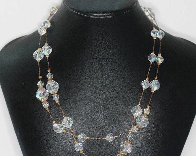 Aurora Borealis Crystal Bead Stations Necklace Two Strands Fine Gold Tone Metal Chain Vintage