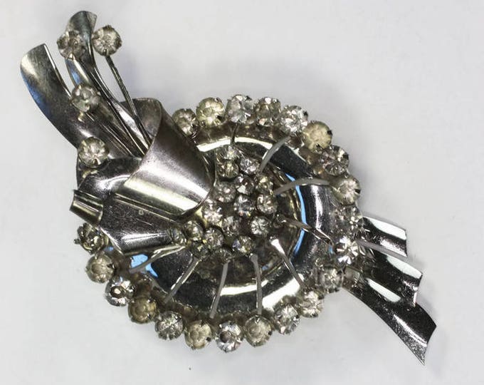 Retro Moderne Sterling Brooch Clear Rhinestones Diamante 1940s Vintage